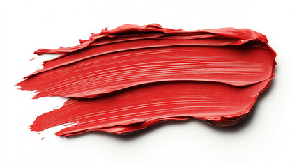 Close-up of a red lipstick smear with smooth texture and glossy shine, isolated on a white background.