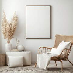 Poster mockup on a living room wall with ISO A paper size frame, set against a modern, elegantly designed home interior with sleek decor â€“ar