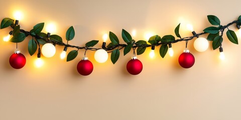 Festive Christmas ornaments dangle from twinkling string lights, creating a warm holiday glow.