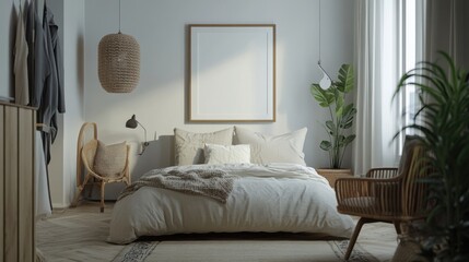 Scandinavian-style hipster interior featuring a mockup poster frame on the wall, neutral tones, modern furnishings, and natural wood accents, ultra-realistic 3D render.