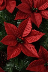 Obraz premium A festive Christmas tree adorned with vibrant red poinsettias and rustic pine cones, evoking holiday warmth and cheer.