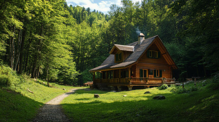 A cozy wooden house nestled in the forest.