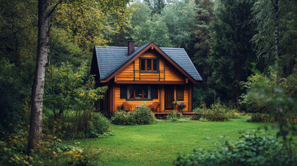 A cozy wooden house nestled in the forest.