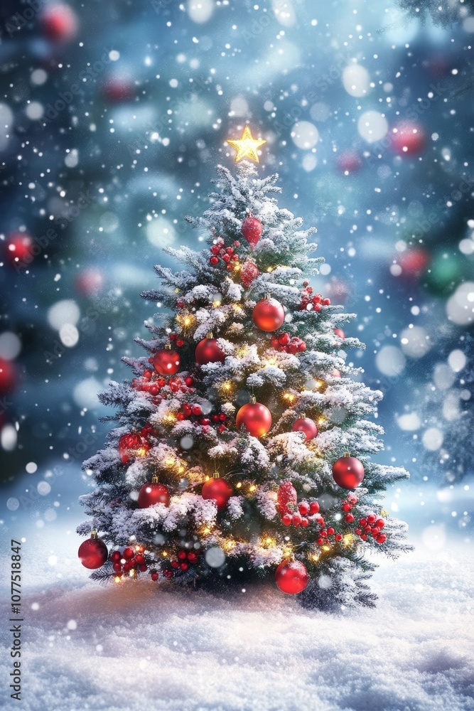 Wall mural a snow-dusted christmas tree adorned with vibrant red ornaments, capturing the festive spirit in a w