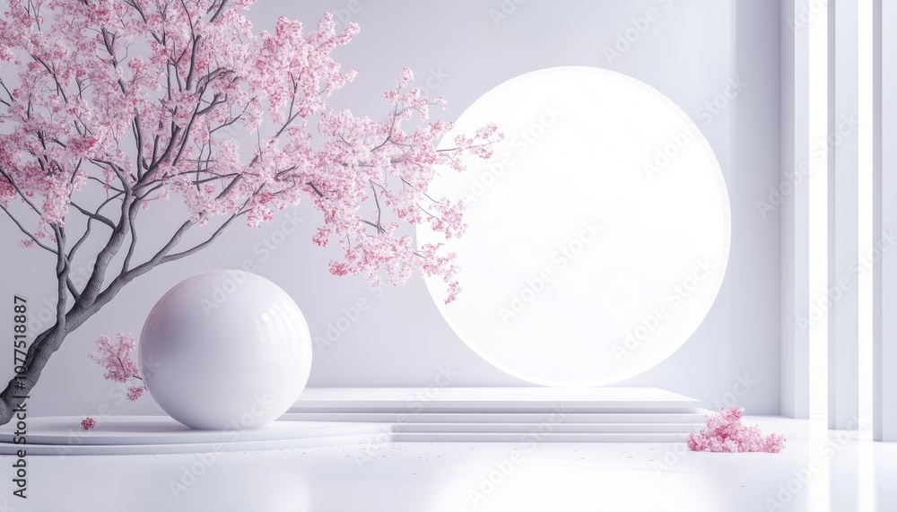 Aufkleber 3d Rendering Of Japanese Style Architect And Sakura Tree With Large White Ball For Branding And Product Presentation. Ideal For Cosmetics.