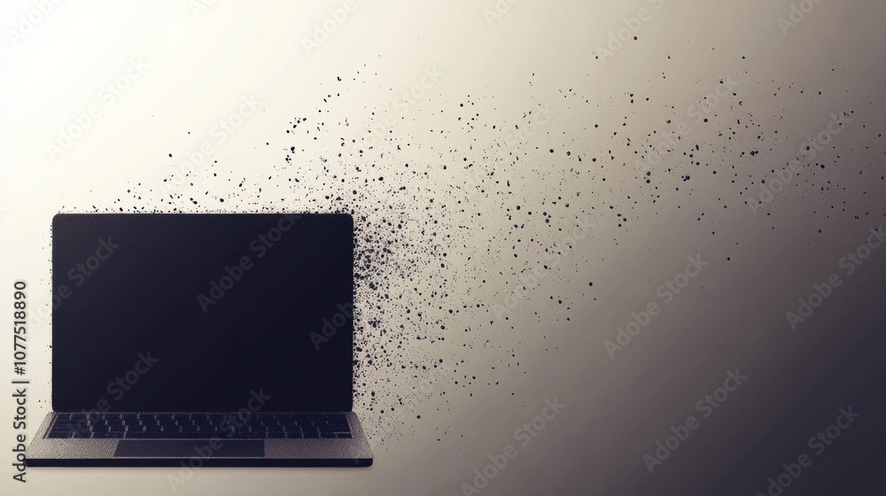 Poster a laptop silhouette disperses into falling numbers, illustrating the essence of tech support and dig