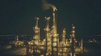 Fototapeta premium Nighttime view of an industrial facility with illuminated structures and smoke emissions.