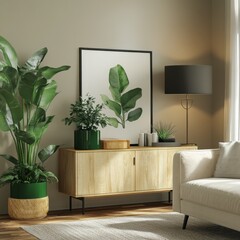 Serene and inviting spring living room with a mock-up poster frame, light wood sideboard, cozy white sofa, vibrant green plant stand, indoor plants, and a chic, modern lamp on the side â€“ar