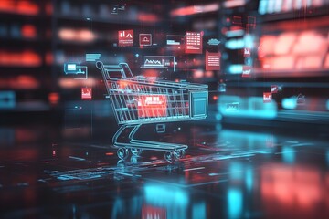 Futuristic glowing shopping cart illustration with orange and blue digital interface elements on a sleek dark background