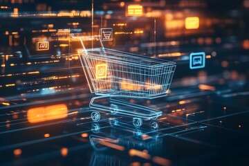3D render of a shopping cart icon with glowing digital interface elements in futuristic red and blue tones