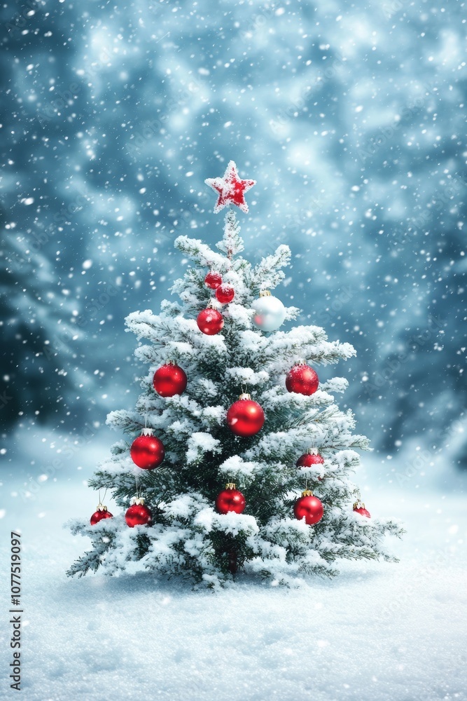 Wall mural a small christmas tree adorned with red ornaments stands in the snow, evoking a festive winter scene