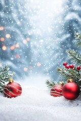 Festive Christmas ornaments glisten in the snow, set against a serene snowy backdrop, capturing holiday cheer.