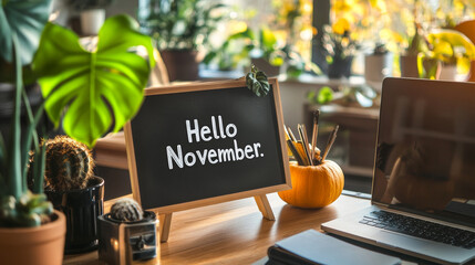 A cozy workspace with a letter board that says "Hello November."