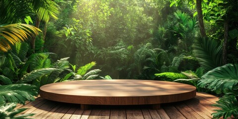 Wooden podium in a lush tropical forest, surrounded by vibrant green foliage, ready for a product presentation.