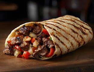 Grilled steak burrito with vibrant peppers and onions wrapped in a golden tortilla, displayed on a rustic wooden table for food photography