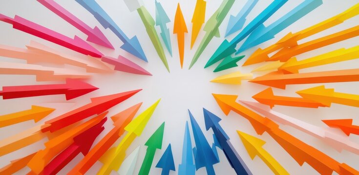A colorful array of arrows pointing in different directions, representing diverse perspectives and business growth at the center on a white background with copy space Generative AI