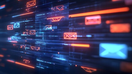 Futuristic email campaign rendering with glowing digital envelopes, red and blue highlights, and a sleek data flow pattern on a high-tech background