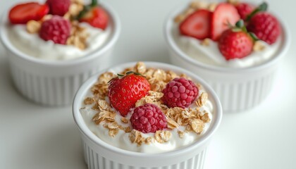 Delightful Homemade Yogurt With Fresh Strawberries, Mixed Berries, And Cereals On A White Background, Aerial Photography Of Healthy Breakfast.