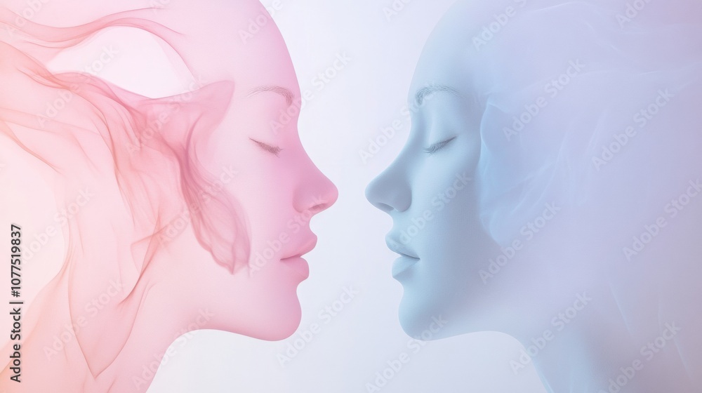 Poster two minimalist silhouettes in soft pastel shades represent the essence of communication and empathy 