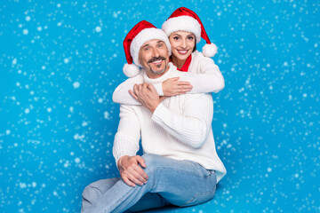 Portrait of attractive cheerful trendy friends friendship embracing romance eve day isolated over bright blue color background