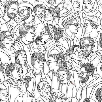 Seamless ink pattern of diverse people in a group, black and white