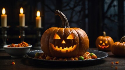 Obraz premium Glowing carved pumpkin centerpiece surrounded by Halloween-themed treats