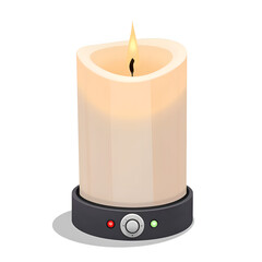 Elegant candle with modern base featuring a glowing flame and adjustable brightness control, digital illustration of product design concept.