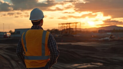 Fototapeta premium Construction worker watches the sunset at a job site in the evening sky
