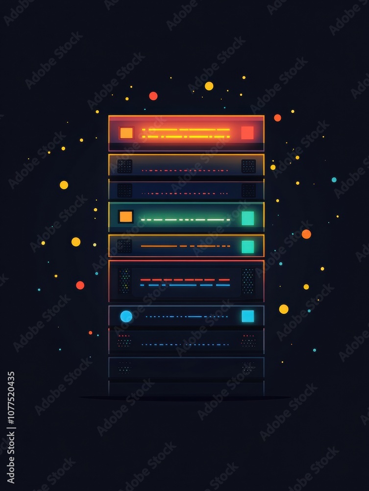 Poster a stack of servers features blinking indicators, adding vibrant colors to the dark setting of a data