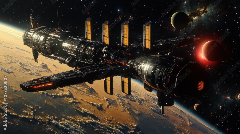 Poster futuristic spacecraft orbiting a planet with multiple moons and a nebula in the background