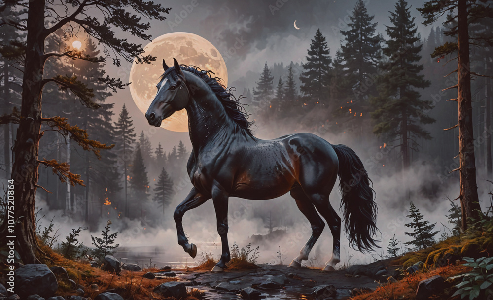 Poster black horse is walking in a forest with a full moon in the background