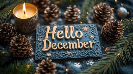 Hello december greeting card with candle and pine cones celebrating winter holidays