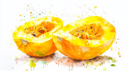 The vibrant yellow squash is cut in half, displaying its interior with seeds and fibers. The background emphasizes the bright colors and textures of the squash