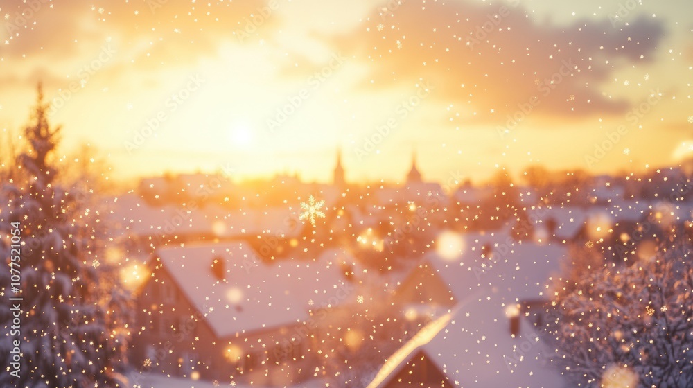 Poster snow blankets the rooftops of a quaint village as golden sunlight filters through a flurry of fallin
