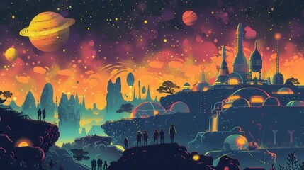 Vector graphic of children on a cosmic road trip across the galaxy, visiting planetary landmarks and encountering alien cultures