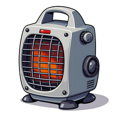 Illustration of a stylish electric space heater with a bright red element glowing in a minimalistic setting, digital illustration of still life concept.