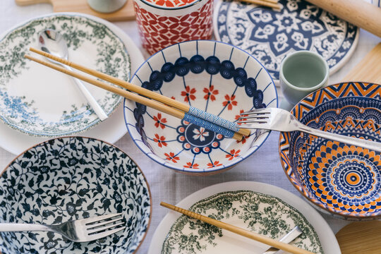 Close up of bowls and plates