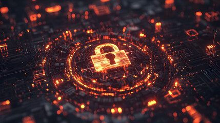 A stylized lock icon surrounded by digital code and glowing circuits symbolizing encryption and secure cyber networks.