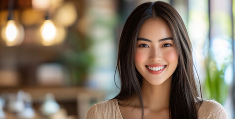 Obraz premium A young woman with long black hair smiles brightly in a cafe. The natural light from the windows and cafe lights create a warm and inviting atmosphere
