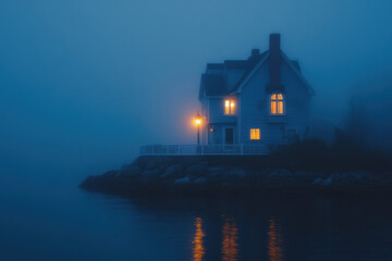 A solitary house emits warm light on a foggy night, creating a serene and mysterious atmosphere reflected softly on tranquil waters.