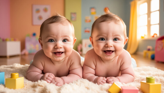 Cute twin babies in children's room