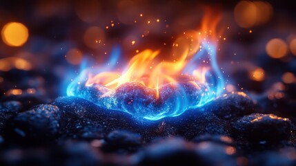 A small fire burns bright with blue and orange flames on a bed of dark rocks.