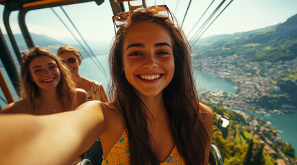 A group of friends smile while taking a selfie on a cable car ride overlooking a beautiful mountain town and lake