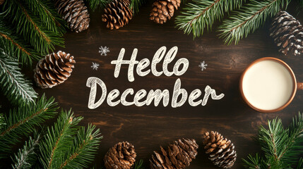 A handwritten "Hello December" greeting with pine branches and cones around it. It evokes the feeling of winter with its cozy textures and traditional holiday drinks.
