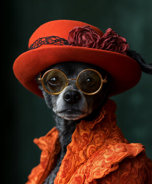 Anthropomorphic dog with glasses wearing elegant  floral orange hat and textured coat.