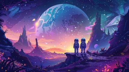 Fototapeta premium Vector graphic of children on a cosmic road trip across the galaxy, visiting planetary landmarks and encountering alien cultures