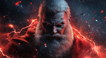 A close-up of a man with white hair and beard, staring intensely at the camera. He has red eyes and is surrounded by a dark, stormy sky with red lightning striking around him