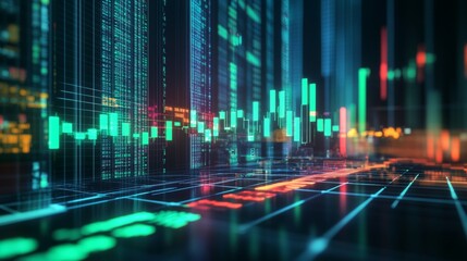 Fototapeta premium Colorful stock market data displayed on a digital screen at night in a trading room
