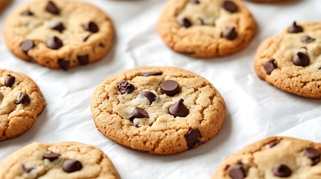 Selection of freshly baked cookies with chocolate chips on a white surface representing dessert recipes homemade treats and baking ideas