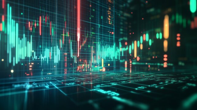 Digital trading visualization showcasing stock market trends in a urban setting